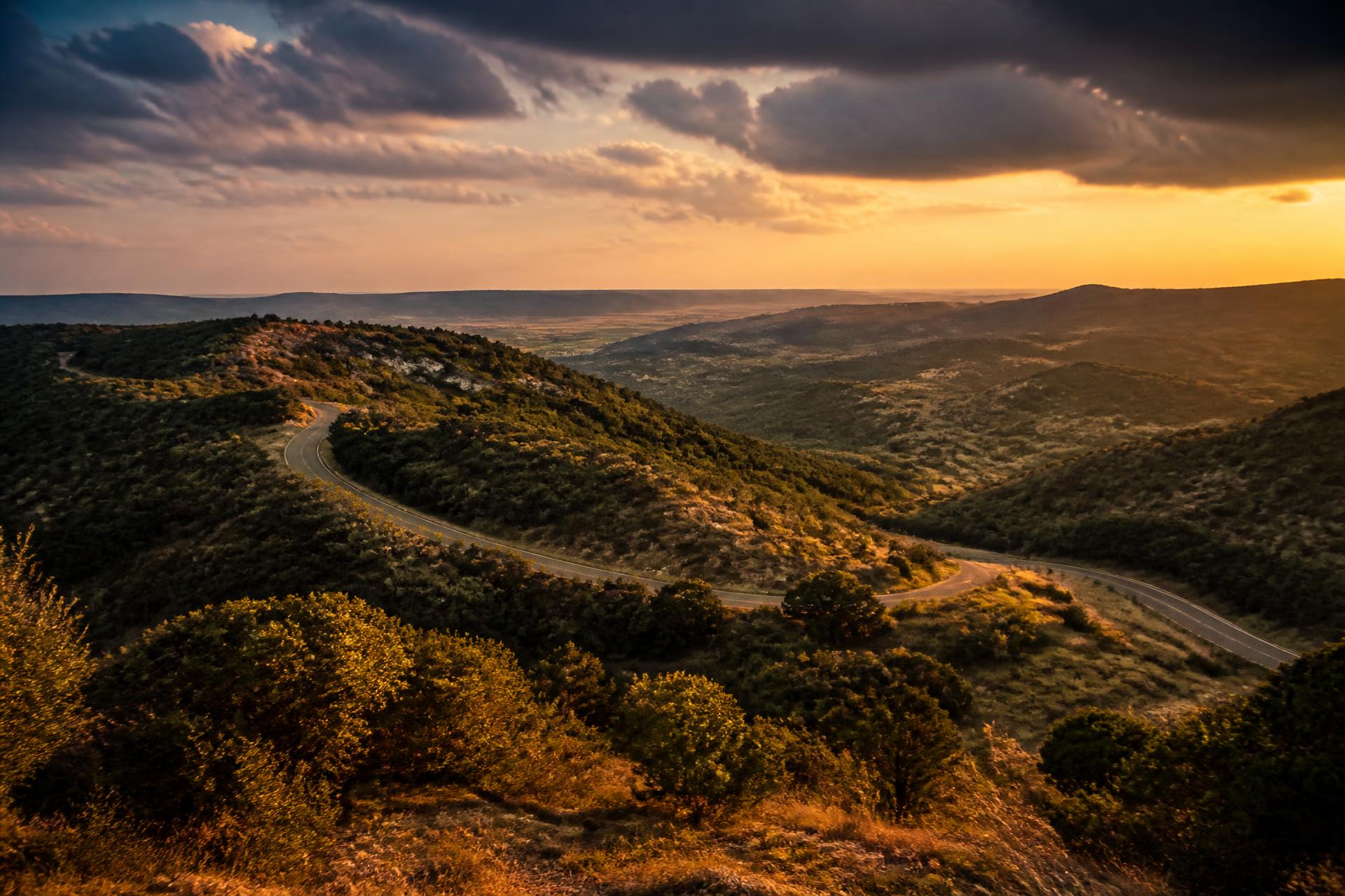 Rolling Texas Hill Country landscape at golden hour